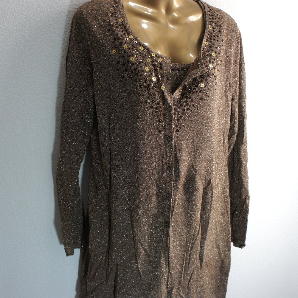 Chicos brown metallic embellished tank top cardigan twinset size 1